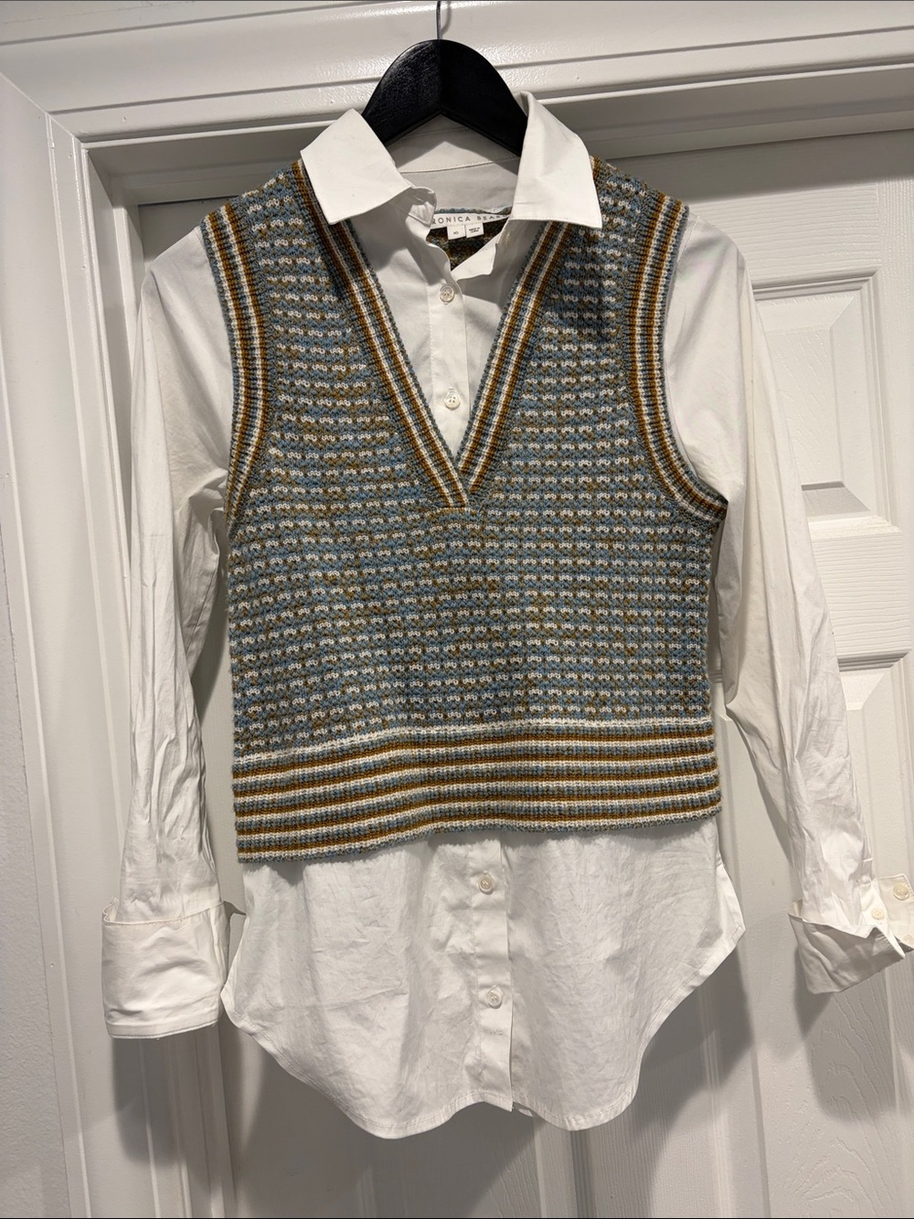 Veronica Beard Multi Layer Built in V-Neck Sweater Vest with Button Down